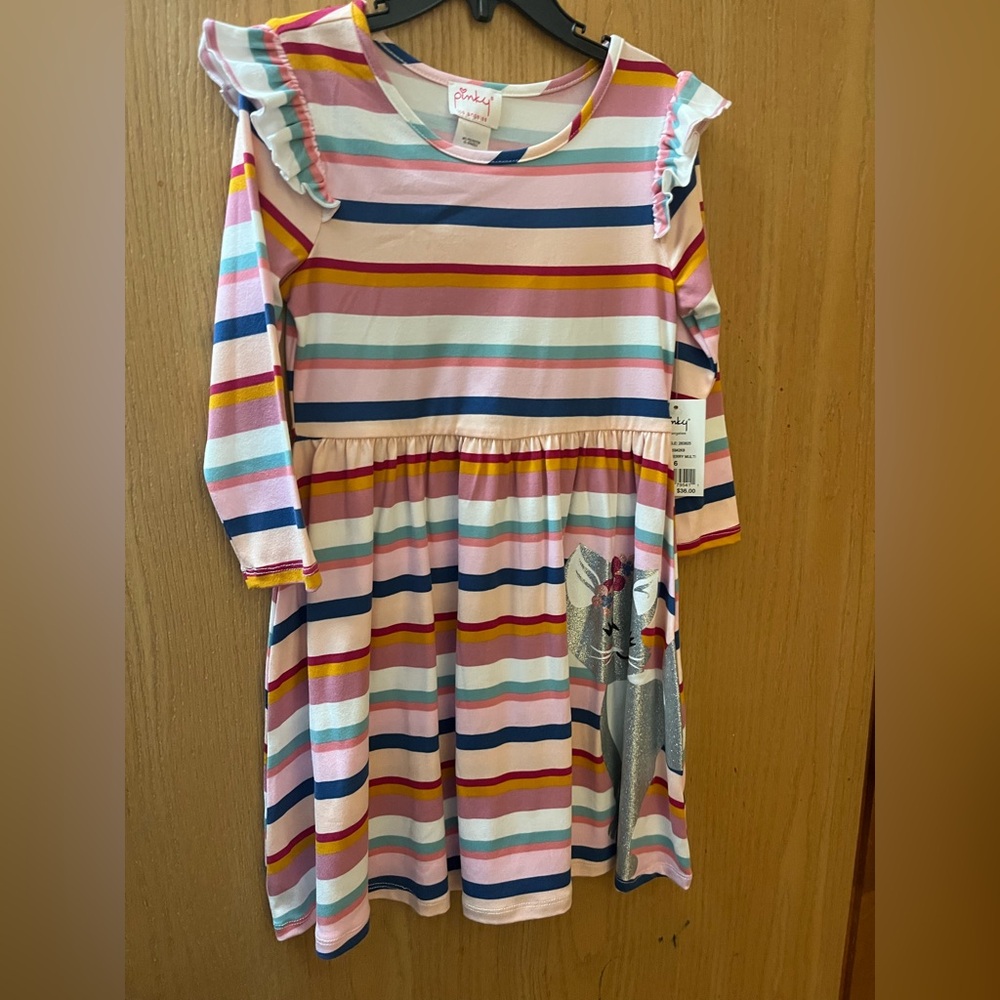 Colorful Striped Kids Dress with cat design